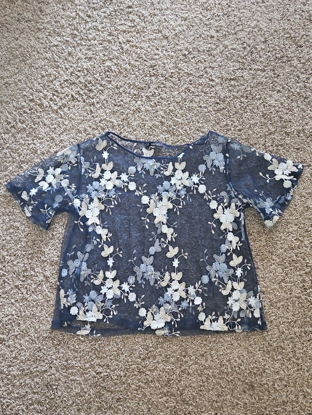 SHEIN Navy Lace Top with White Floral Embroidery